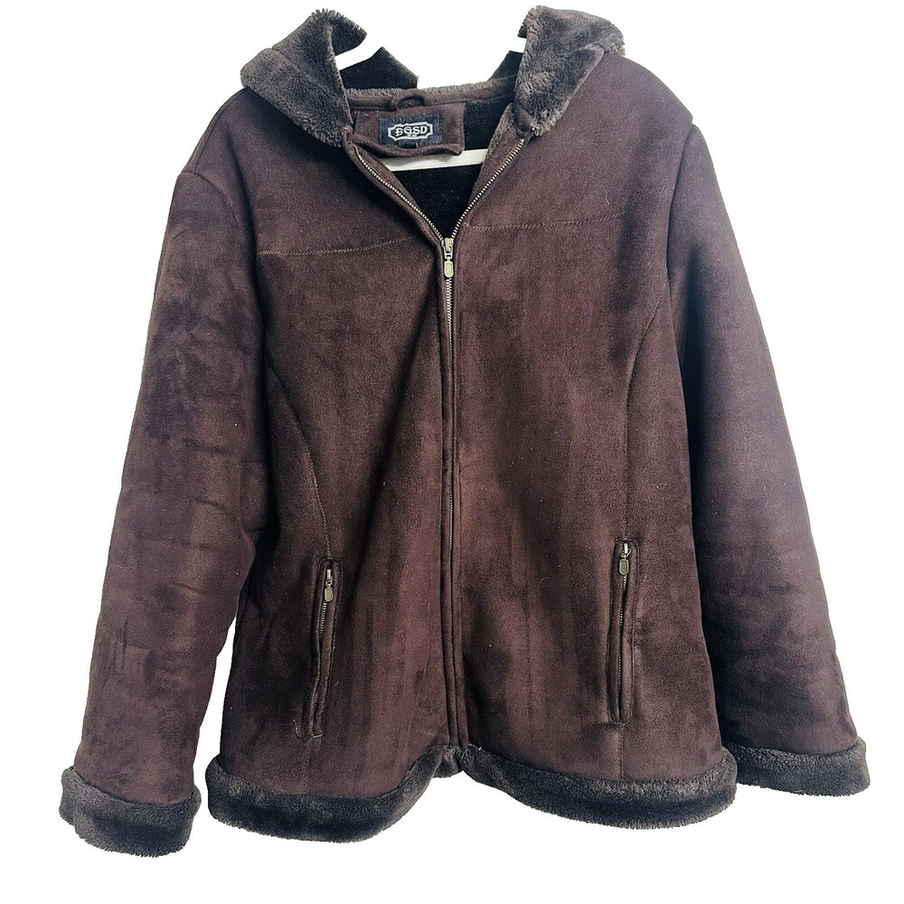 BGSD Est 1990 VTG Mob Wife Faux Suede Fur Trim Hooded Winter Zipped Jacket XL